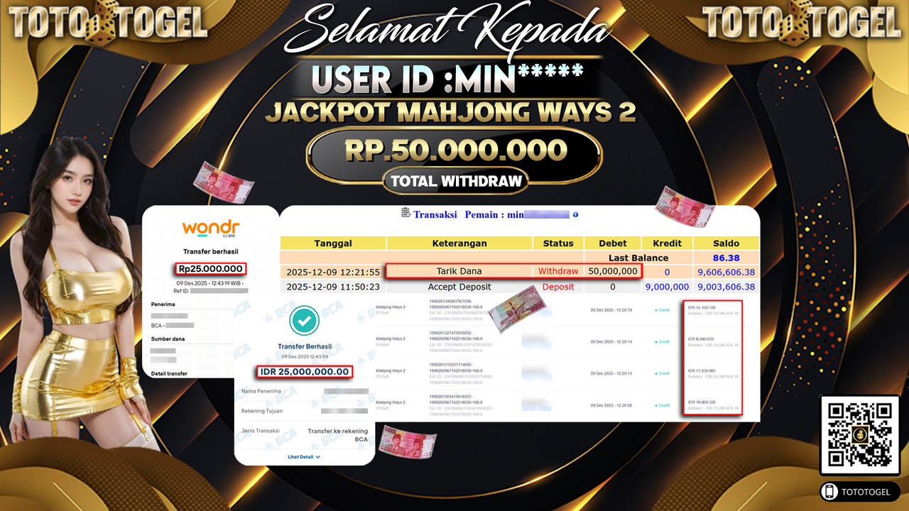 Bukti Pembayaran Jackpot Permainan Slot Mahjong Ways 2 ID:MIN***** LUNAS