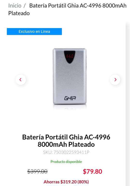 Batería Portátil Ghia 8000mAh Plateado tienda Del sol 
