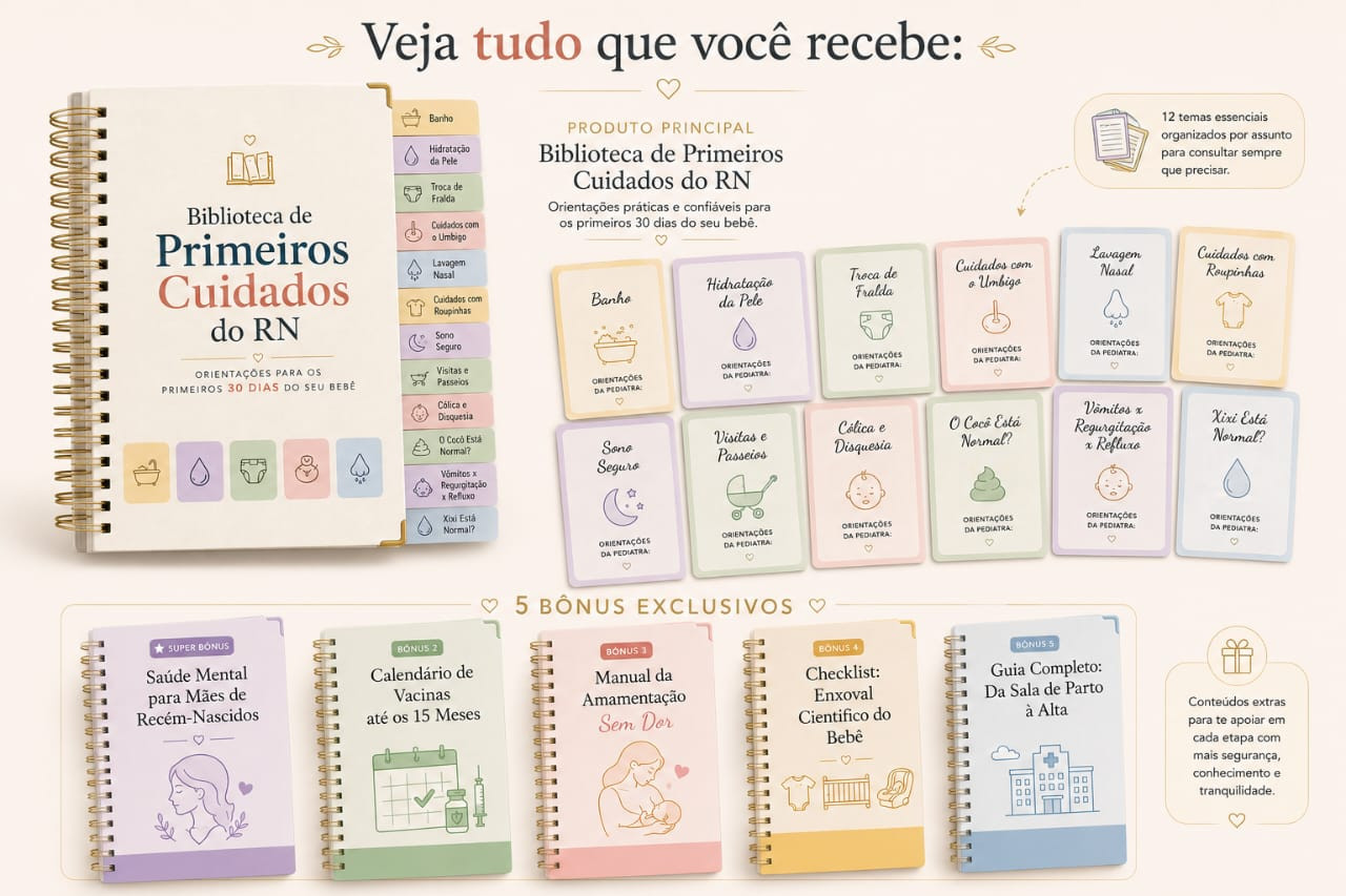 Tudo que você recebe: Biblioteca de Primeiros Cuidados do RN, 126 orientações e 5 bônus