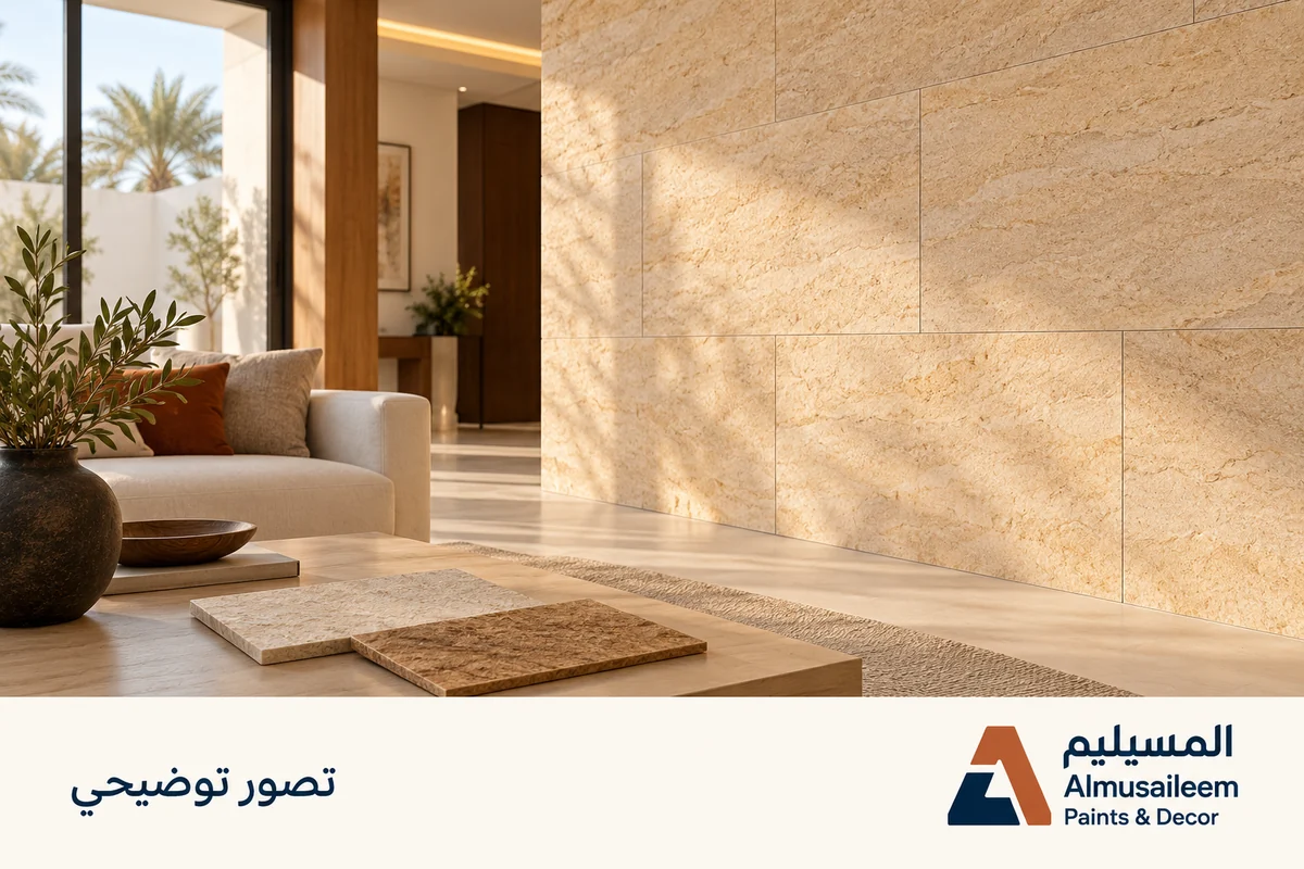تصور توضيحي لجدار بكسوة حجرية مستوية وشعار المسيليم