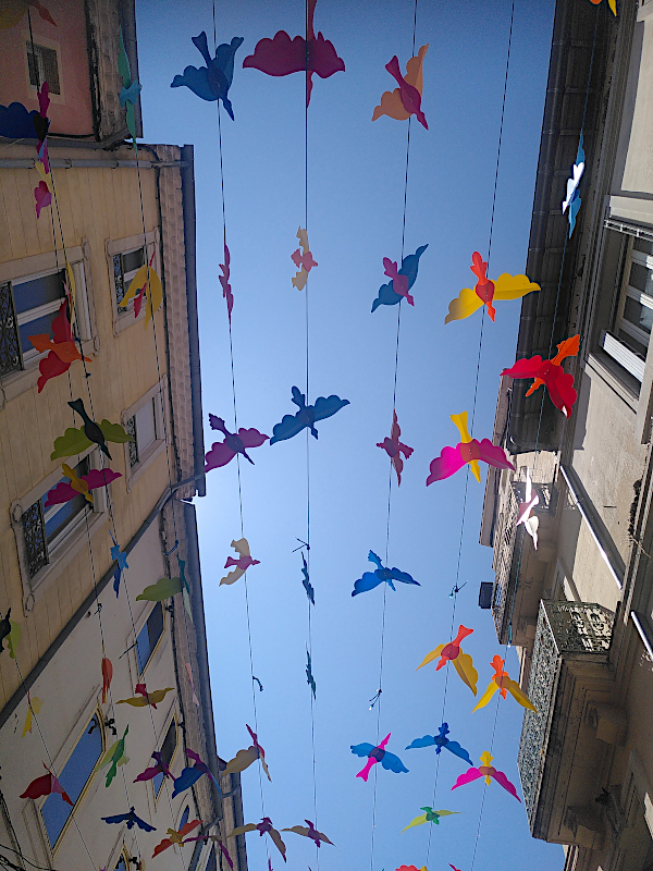 Décoration de rue, des oiseaux de couleur dans le ciel