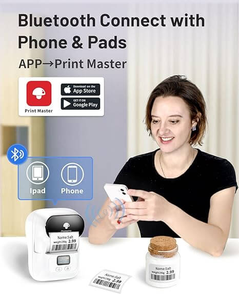 Mini impresora térmica de etiquetas imprimiendo una etiqueta de código de barras