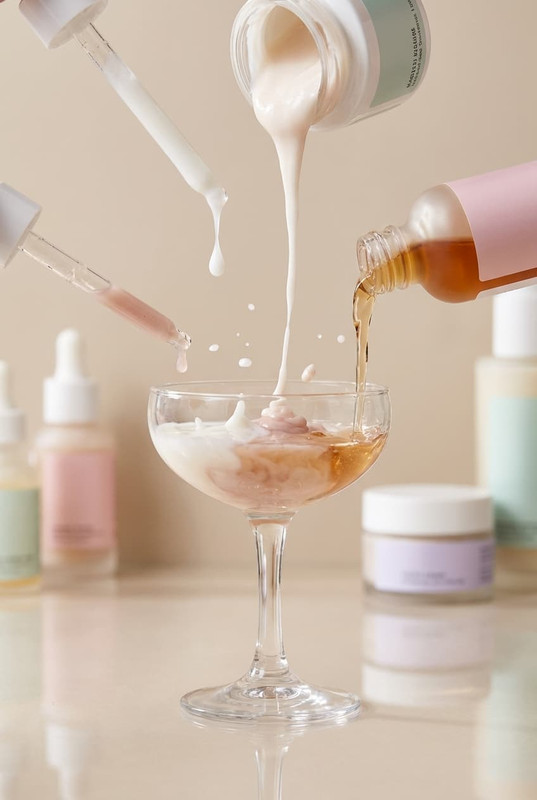 Multiple skincare serums and creams being poured into a glass like a cocktail, symbolizing overuse of skincare products and skin barrier damage.