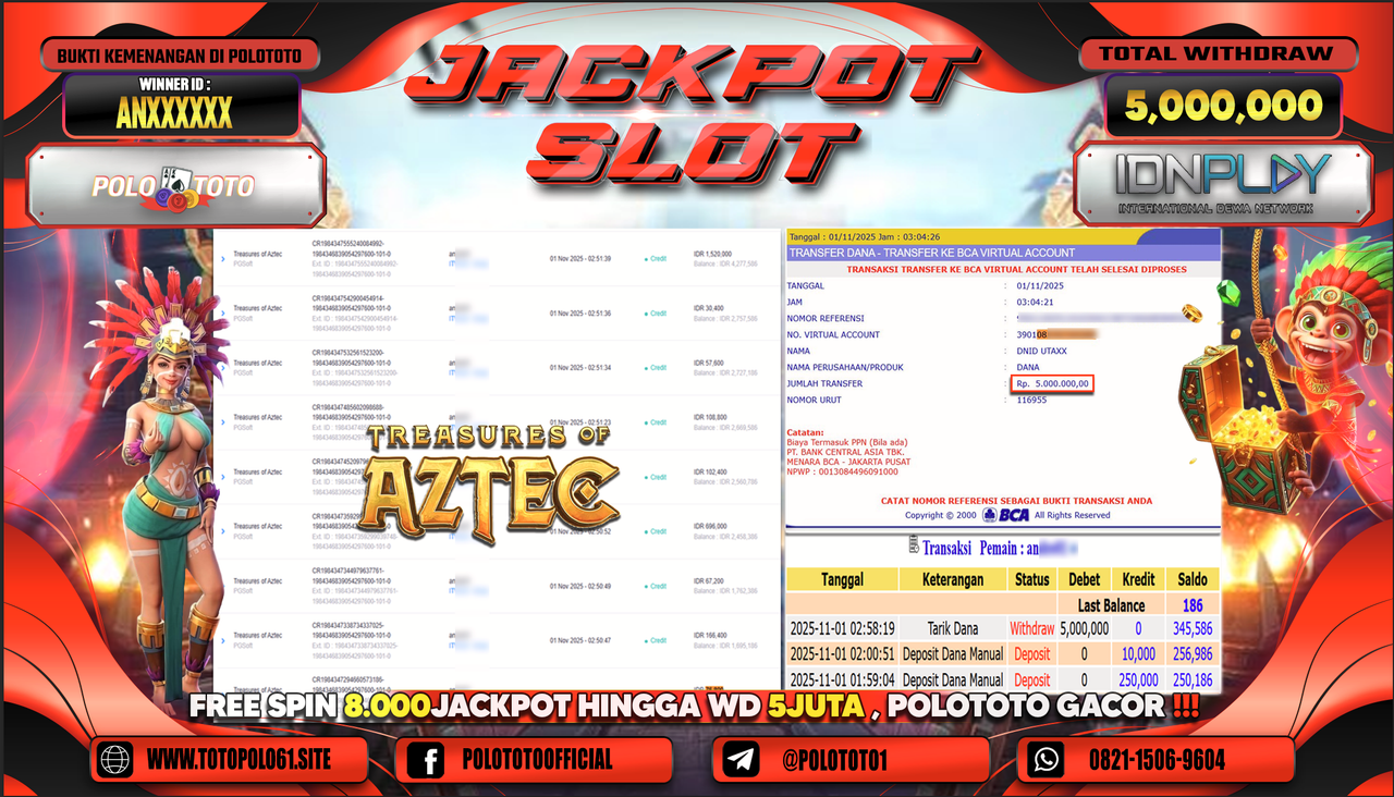 POLOTOTO JACKPOT SLOT TREASURES OF AZTEC Rp.5.000.000,- LUNAS