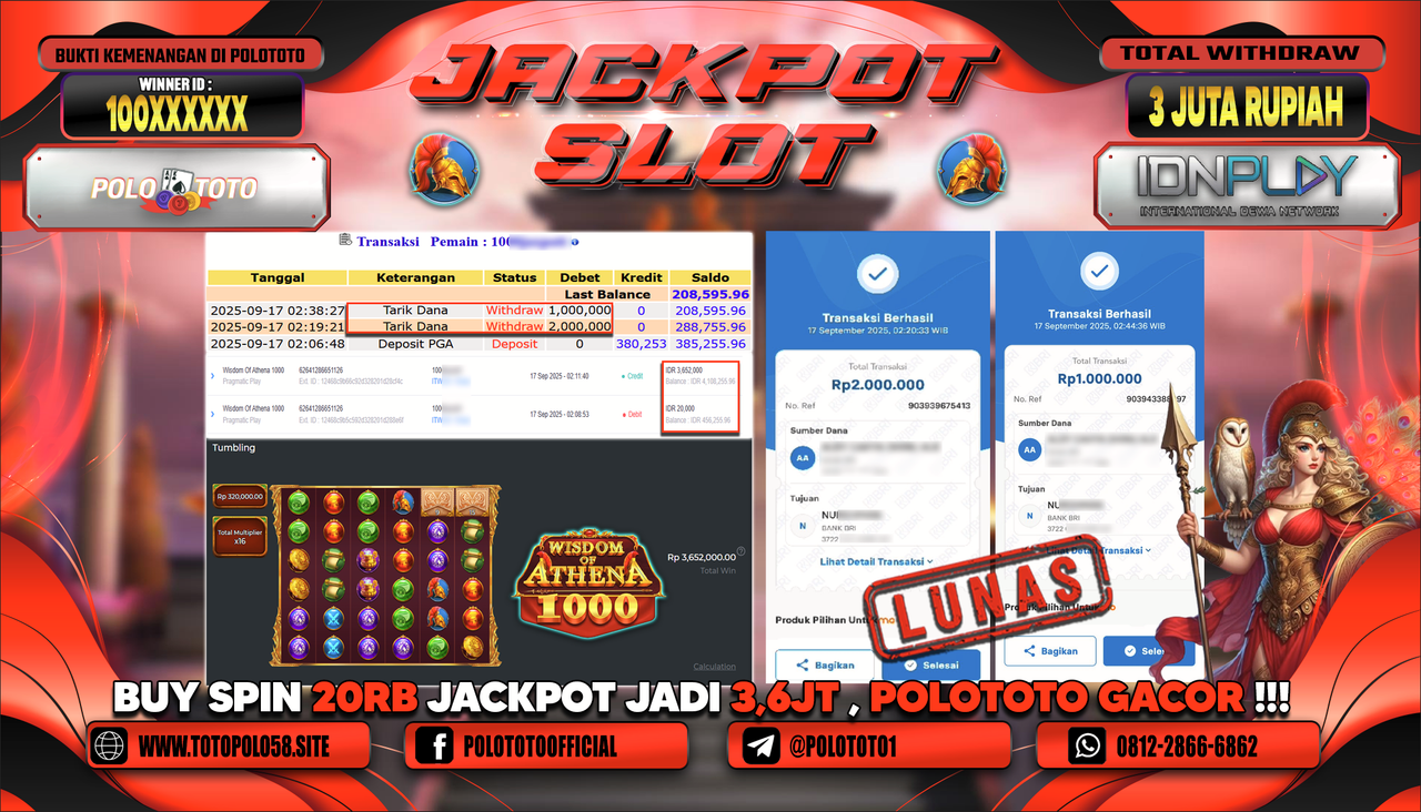 POLOTOTO JACKPOT SLOT WISHDOM OF ATHENA 1000 Rp.3.000.000,-