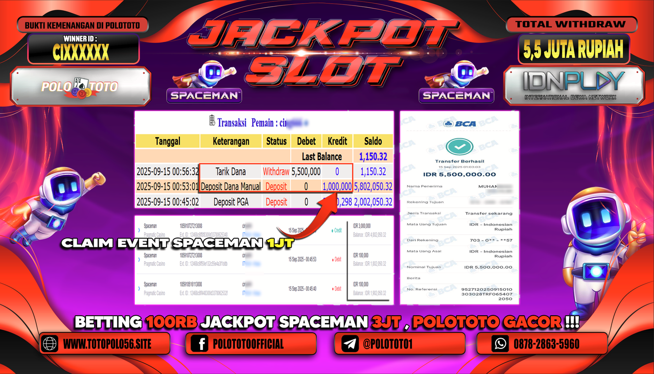 POLOTOTO JACKPOT SLOT SPACEMAN Rp.5.500.000,-