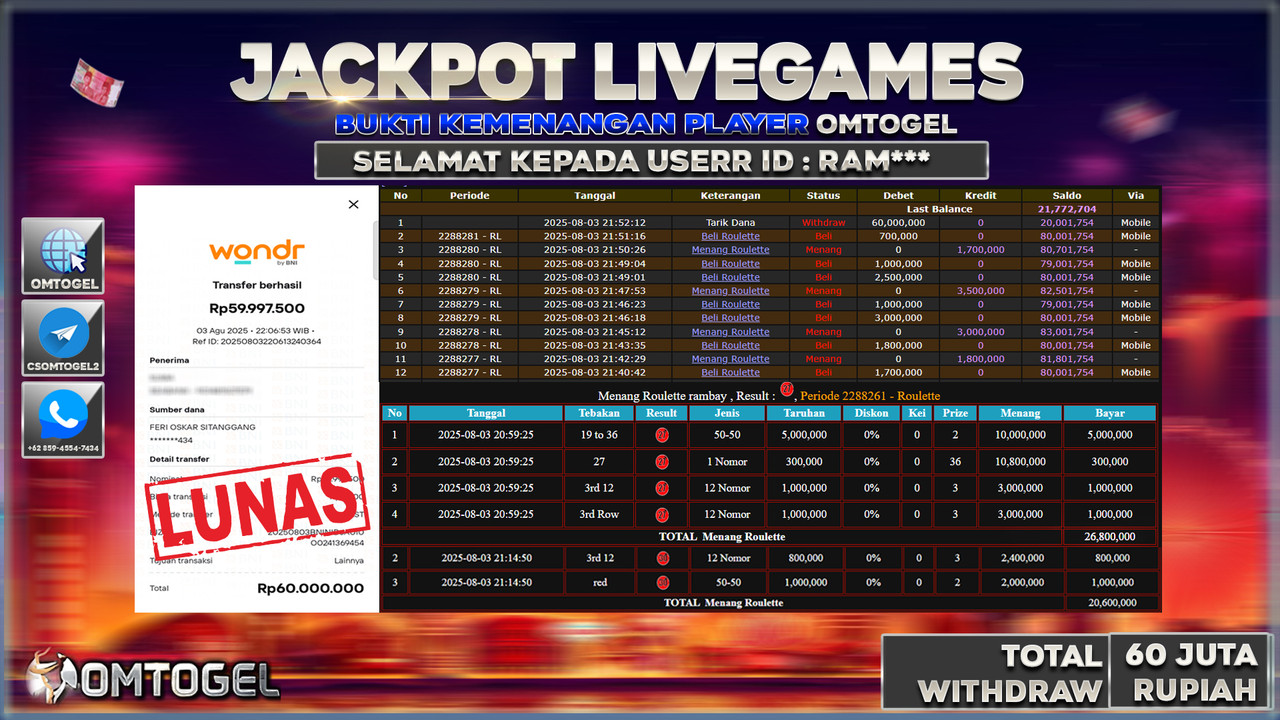 OMTOGEL JACKPOT LIVEGAMES ROULETTE 60 JUTA LUNAS ,-
