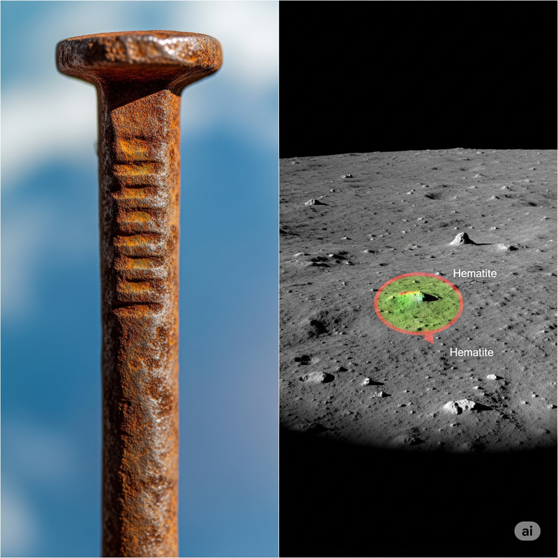 A stylized image of the Moon's surface with subtle reddish-brown patches of rust, contrasting with its usual gray appearance. Earth is visible in the background.