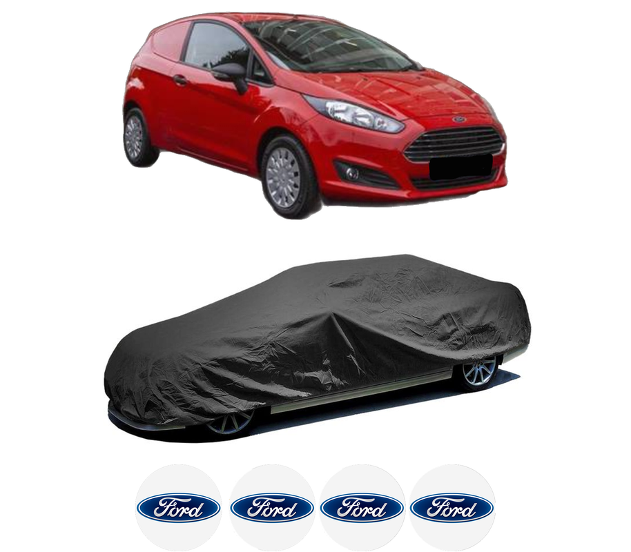 Husa tip prelata auto pentru FORD FIESTA VII Van din 2018-2020, Culoare Negru, material textil impermeabil, rezistanta la intemperii praf UV, CARPASSION Husa Protectie, 4 Stickere auto cu FORD