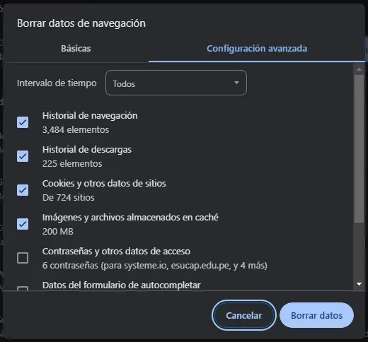 Limpieza de Datos de Navegación - borrar memoria caché