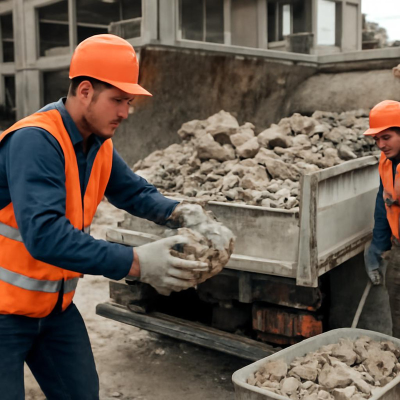 Специалисты загружают строительный мусор в транспортное средство