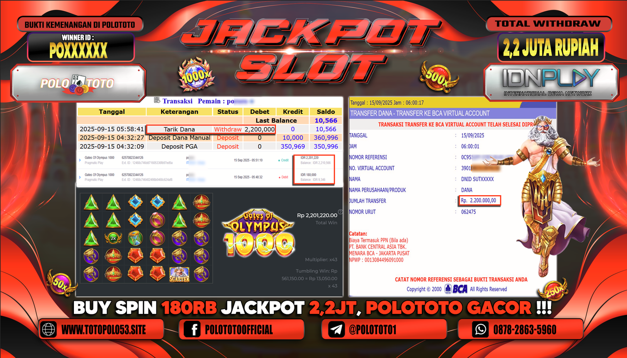 POLOTOTO JACKPOT SLOT GATES OF OLYMPUS 1000 Rp.2.200.000,-