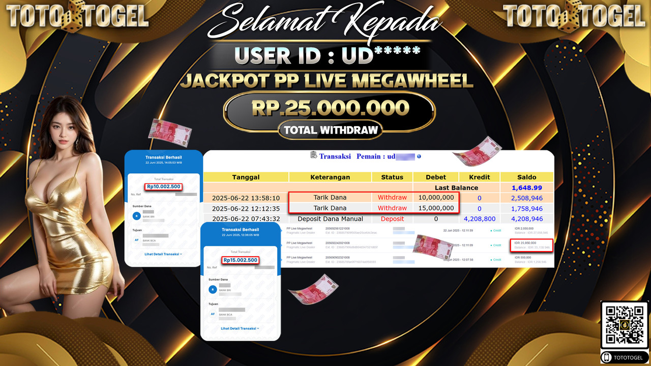 Bukti Pembayaran Jackpot Permainan Live Game PP Live Megawheel ID:UD***** LUNAS