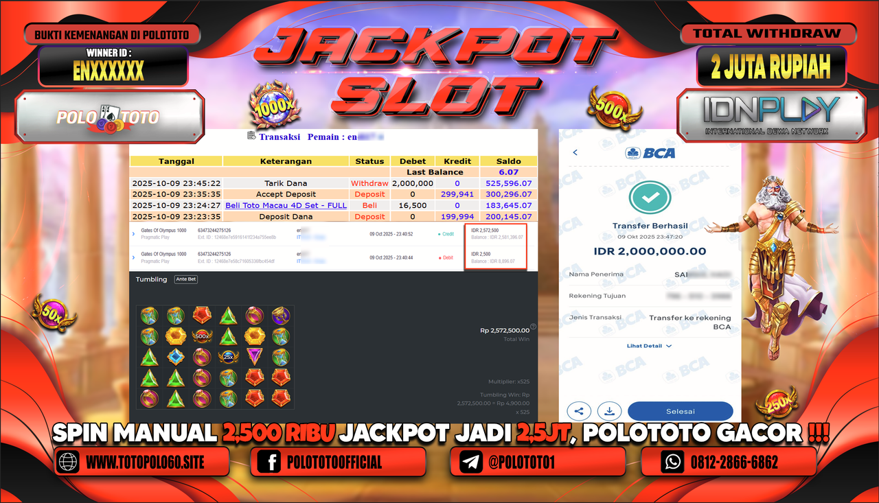 POLOTOTO JACKPOT SLOT GATES OF OLYMPUS 1000 Rp.2.000.000,- LUNAS