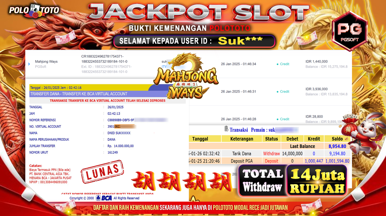 POLOTOTO JACKPOT SLOT MAHJONG WAYS Rp.14,000.000,-