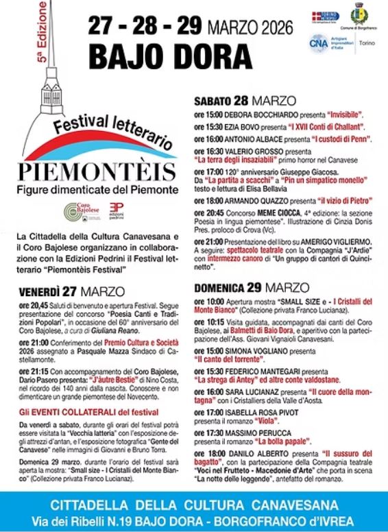 Dal 27 al 29 marzo 2026 a Bajo Dora (To) torna il festival letterario “Piemontèis-Figure dimenticate del Piemonte” Dal 27 al 29 marzo 2026 a Bajo Dora (To) torna il festival letterario “Piemontèis-Figure dimenticate del Piemonte”