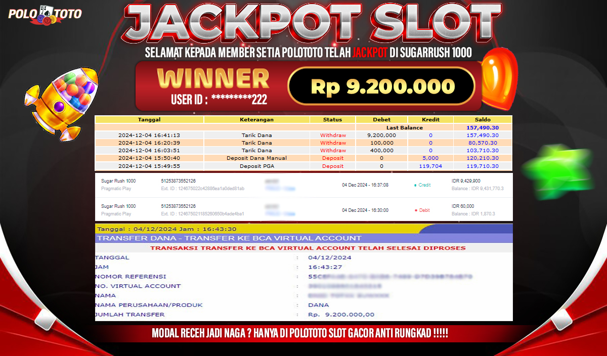 POLOTOTO JACKPOT SLOT SUGAR RUSH 1000 Rp.9,200.000,-