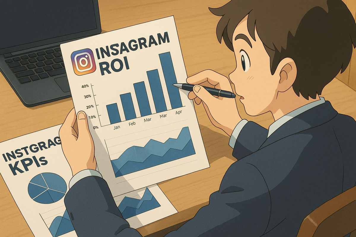 Business person analyzing Instagram ROI and KPIs charts for social media strategy