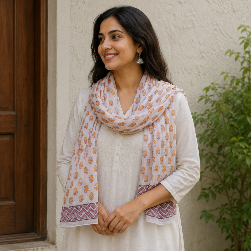 White Elegance with Yellow Floral Hand Block Printed Cotton Stole