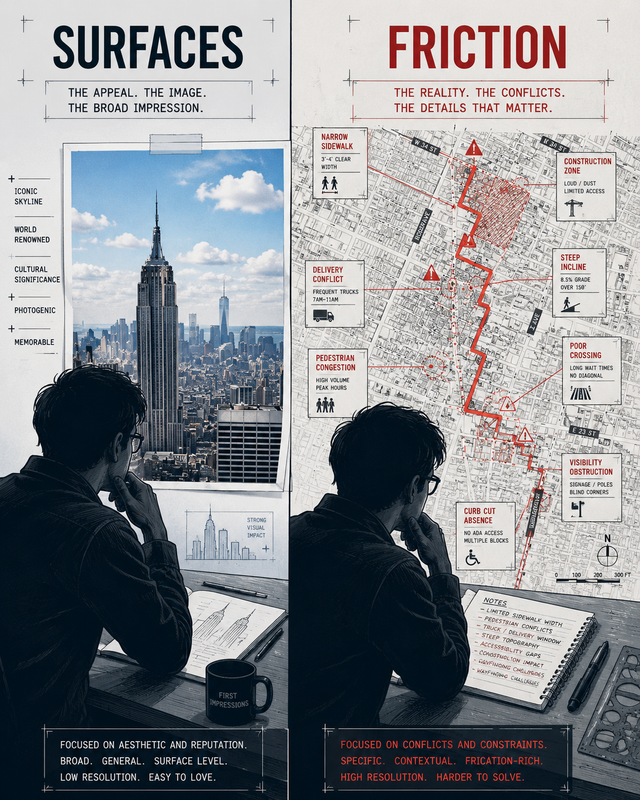 A writer researching an unfamiliar city through maps, street-level imagery, notes, and a character's practical route