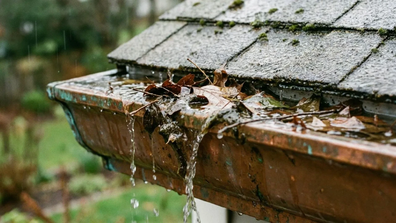 Residential gutters clogged with leaves and debris causing water overflow to back up under roof shingles at the eave