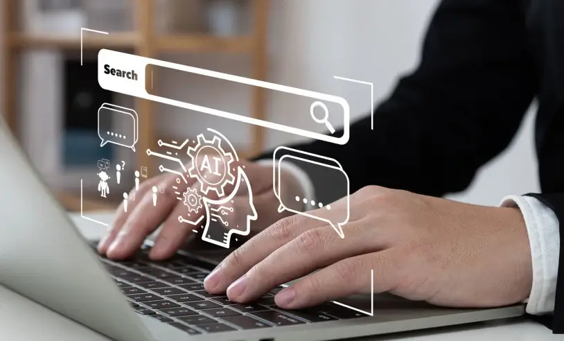 Pessoa trabalhando em um computador com gráficos de IA