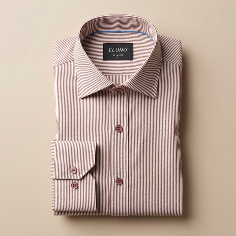 Navy blue slim-fit shirt with fine white pinstripe pattern on dark background