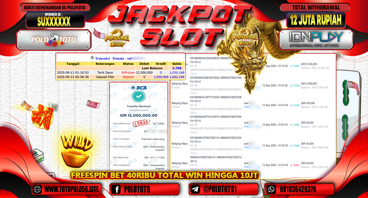POLOTOTO JACKPOT SLOT MAHJONG WAYS 2 Rp.12.000.000,-