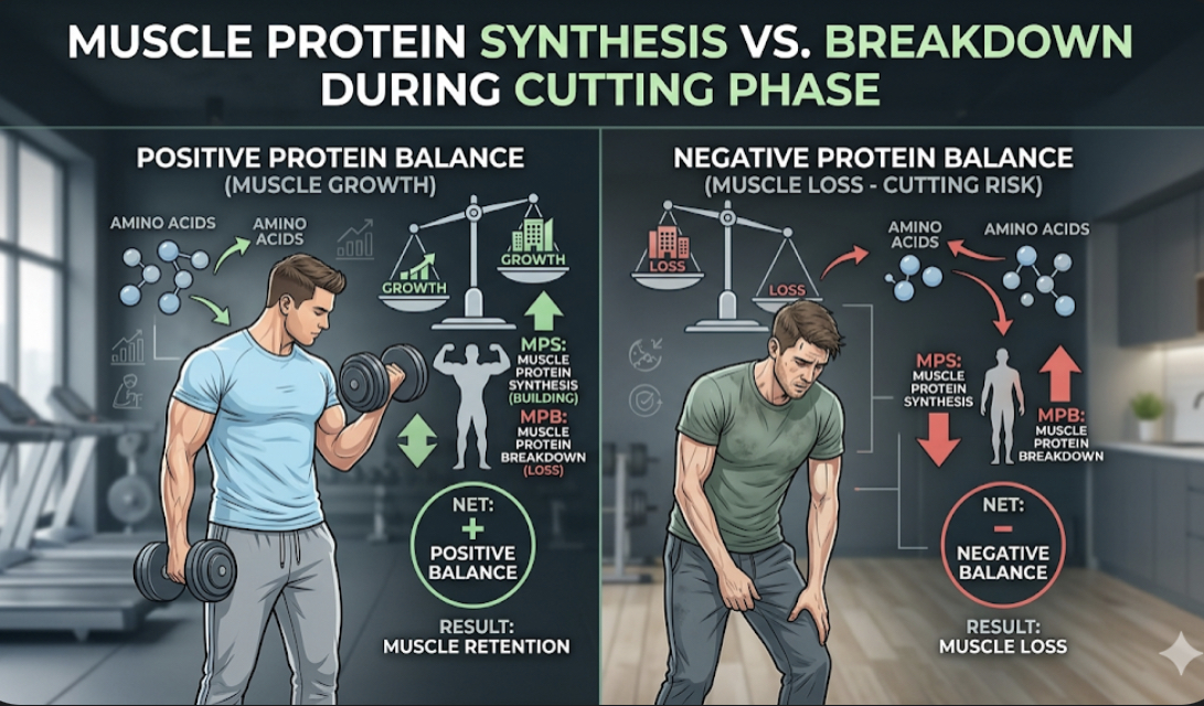 Infographic chart showing balance between muscle protein synthesis and breakdown during cutting phase, explaining protein intake cutting phase and how to avoid muscle loss