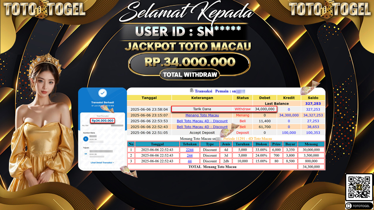 Bukti Pembayaran Jackpot Permainan Togel Toto Macau ID:SN***** LUNAS