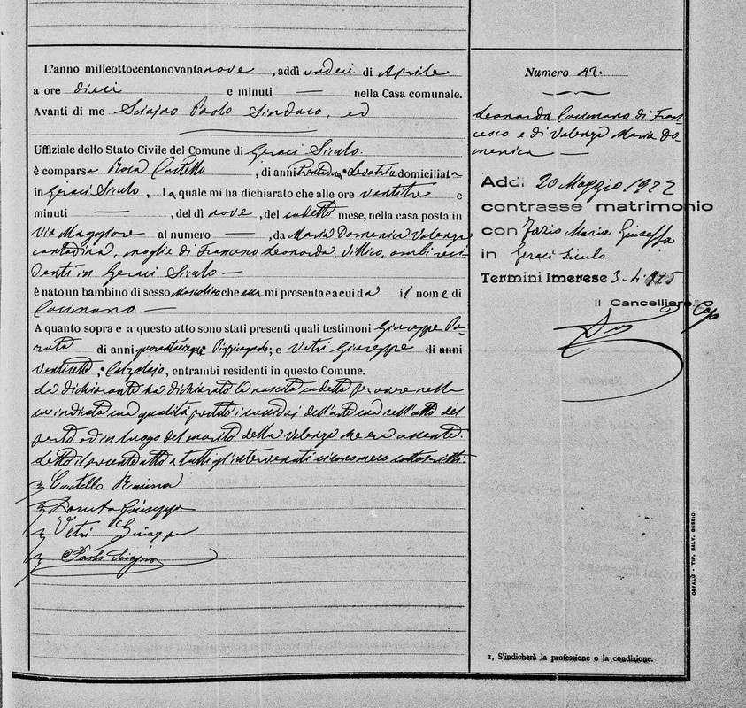 Casimano Leonardo, Birth 9 Apr 1899 (Marriage Notation)