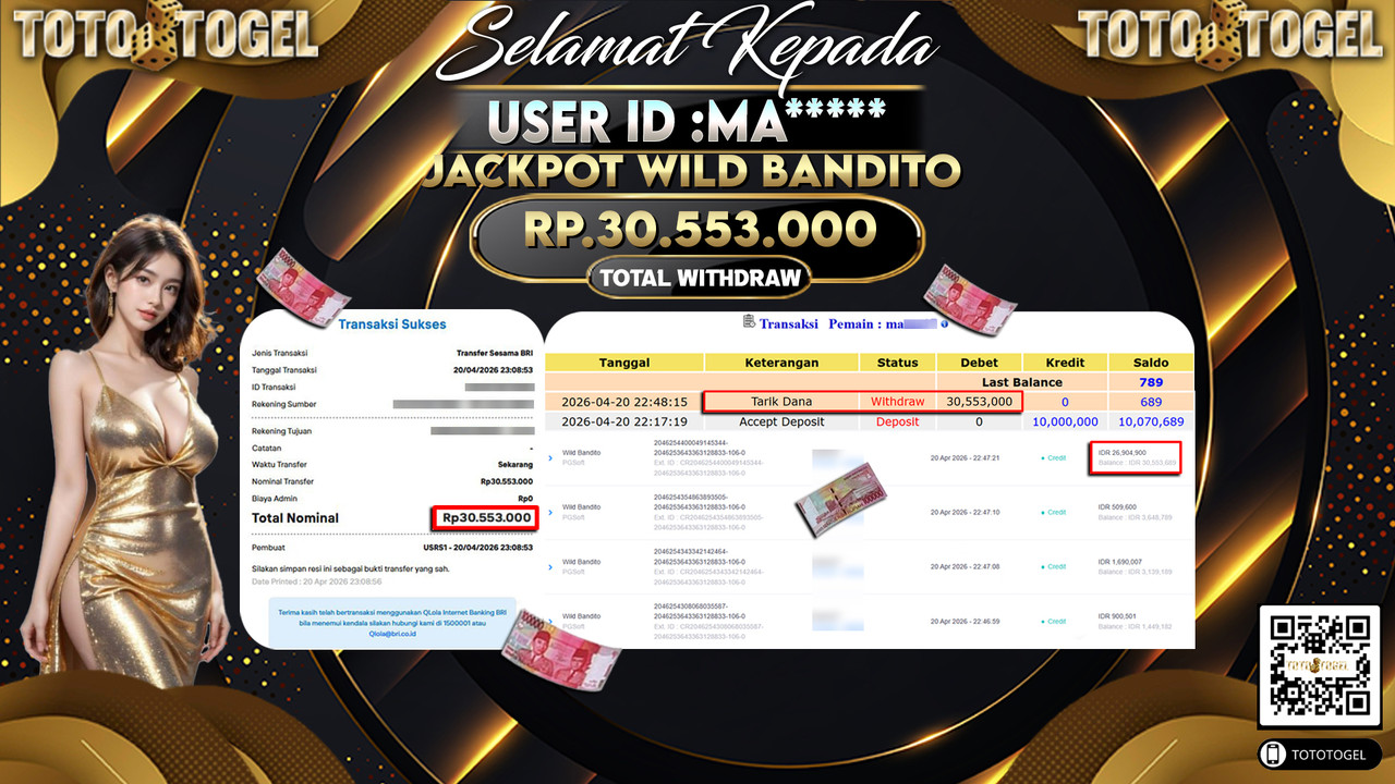 Bukti Pembayaran Jackpot Permainan Slot Wild Bandito ID:MA*****LUNAS