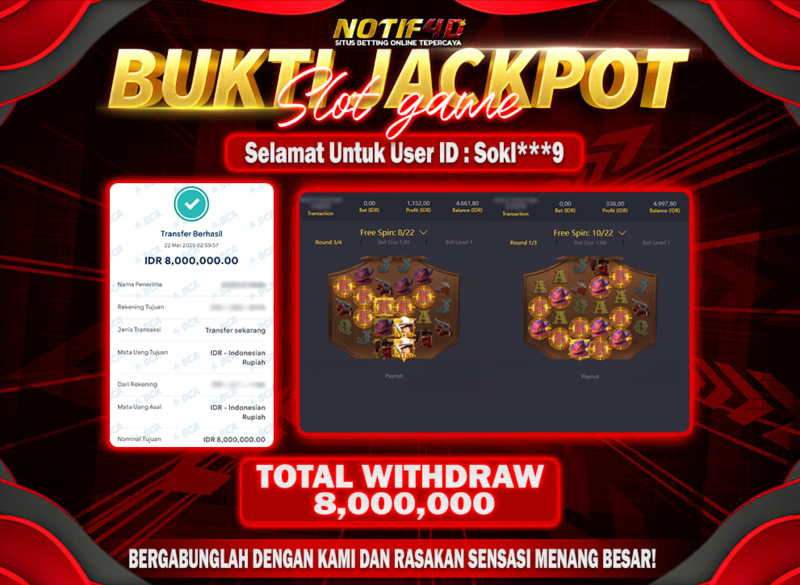 Bukti withdraw Rp8 juta dari Wild Bounty Showdown di Notif4d! Platform betting online terpercaya dengan pembayaran cepat & tanpa potongan!
