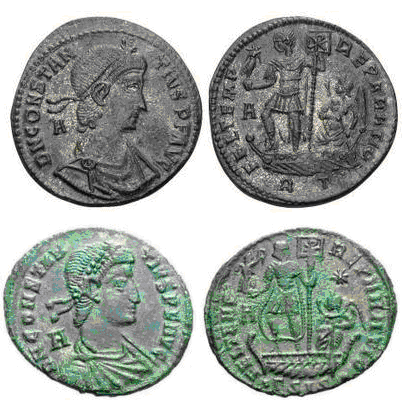 AE3 de Constancio II. FEL TEMP - REPARATIO. Emperador en galera. 1