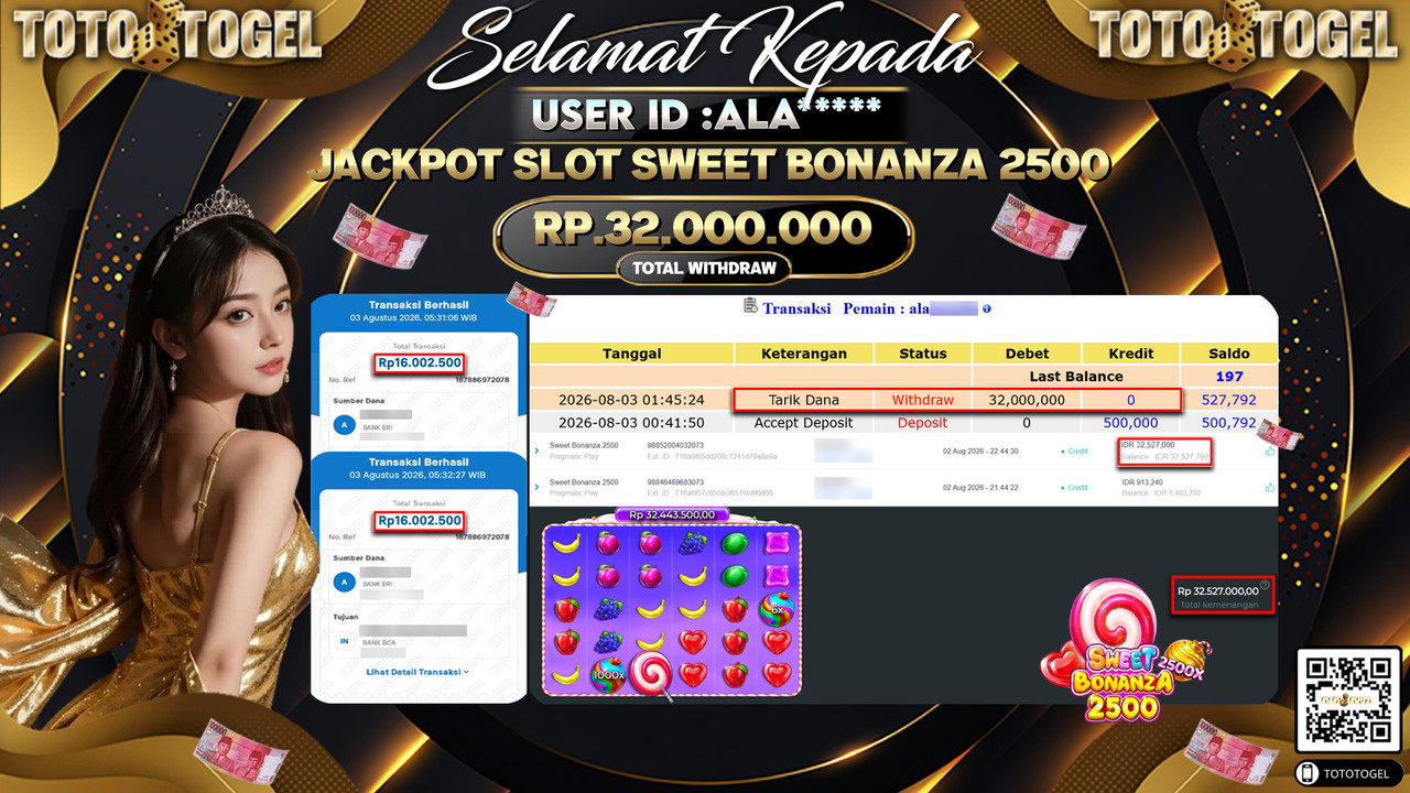 Bukti Pembayaran Jackpot SLOT SWEET BONANZA 2500 ID:ALA**** LUNAS