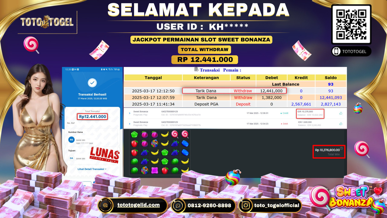 Bukti Pembayaran Jackpot  Permainan Slot Sweet Bonanza ID:KH***** LUNAS