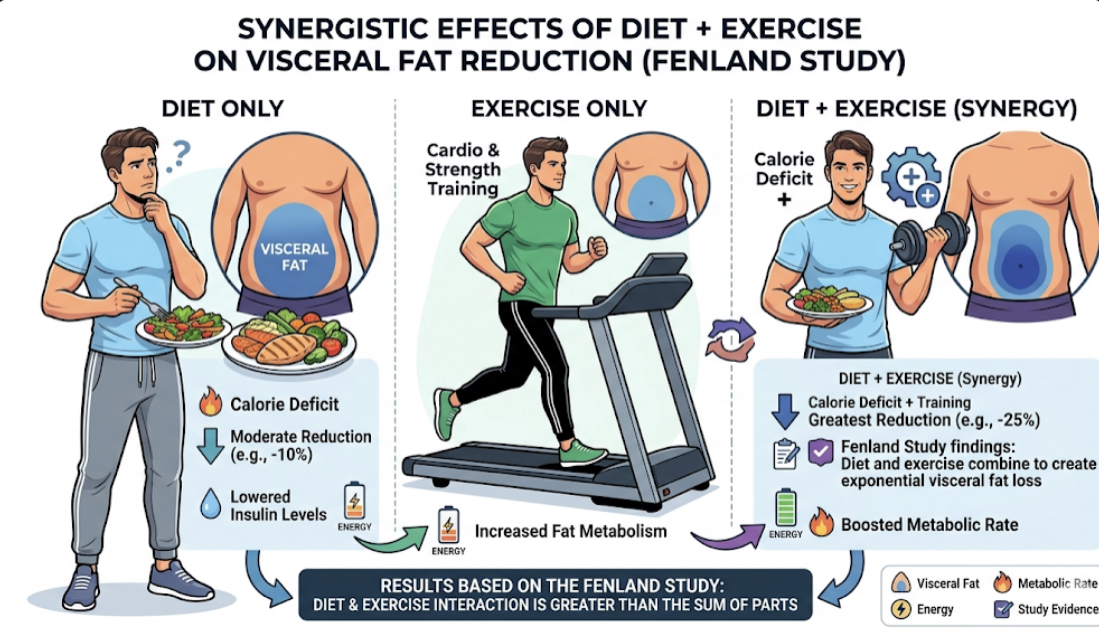 Infographic showing synergistic effects of combining improved diet with increased physical activity on visceral fat reduction, based on Fenland Study results for sustainable fat loss habits
