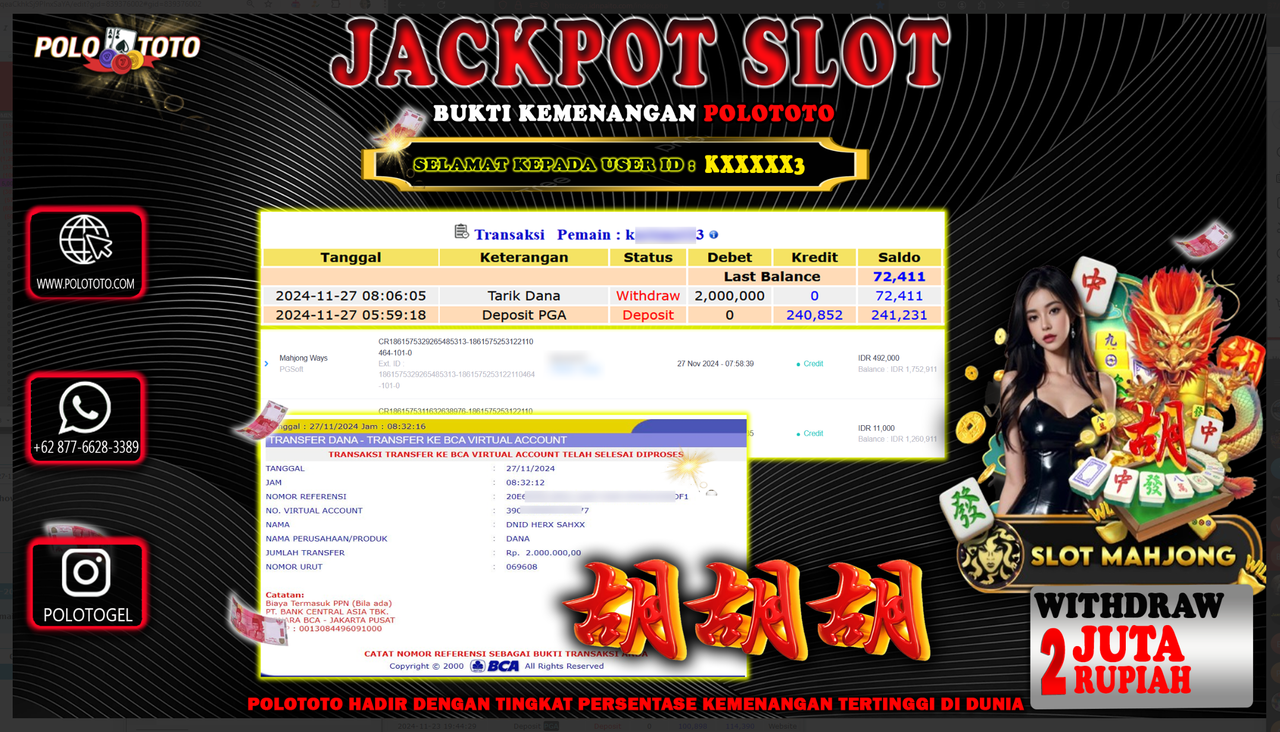 POLOTOTO JACKPOT SLOT MAHJONG WAYS Rp.2,000.000,-
