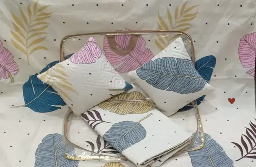 Home 5pc bedsheet set (1King size Bedsheet + 2 Pillow Covers with Embroidery+ 2 Cushion Cover with Embroidery with filler) Heavy Quality Multicolor five piece set Color 1 (R601)