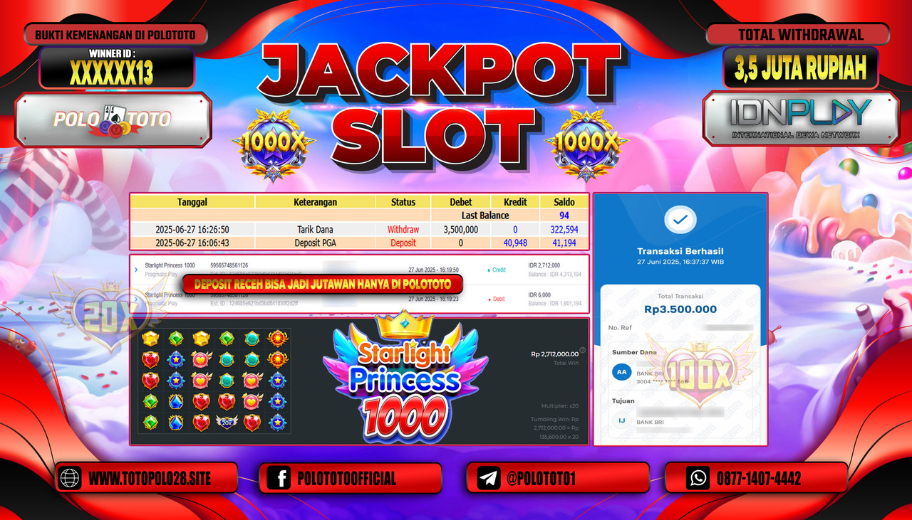 POLOTOTO JACKPOT SLOT STARLIGHT PRINCESS 1000 Rp.3.500.000,- LUNAS