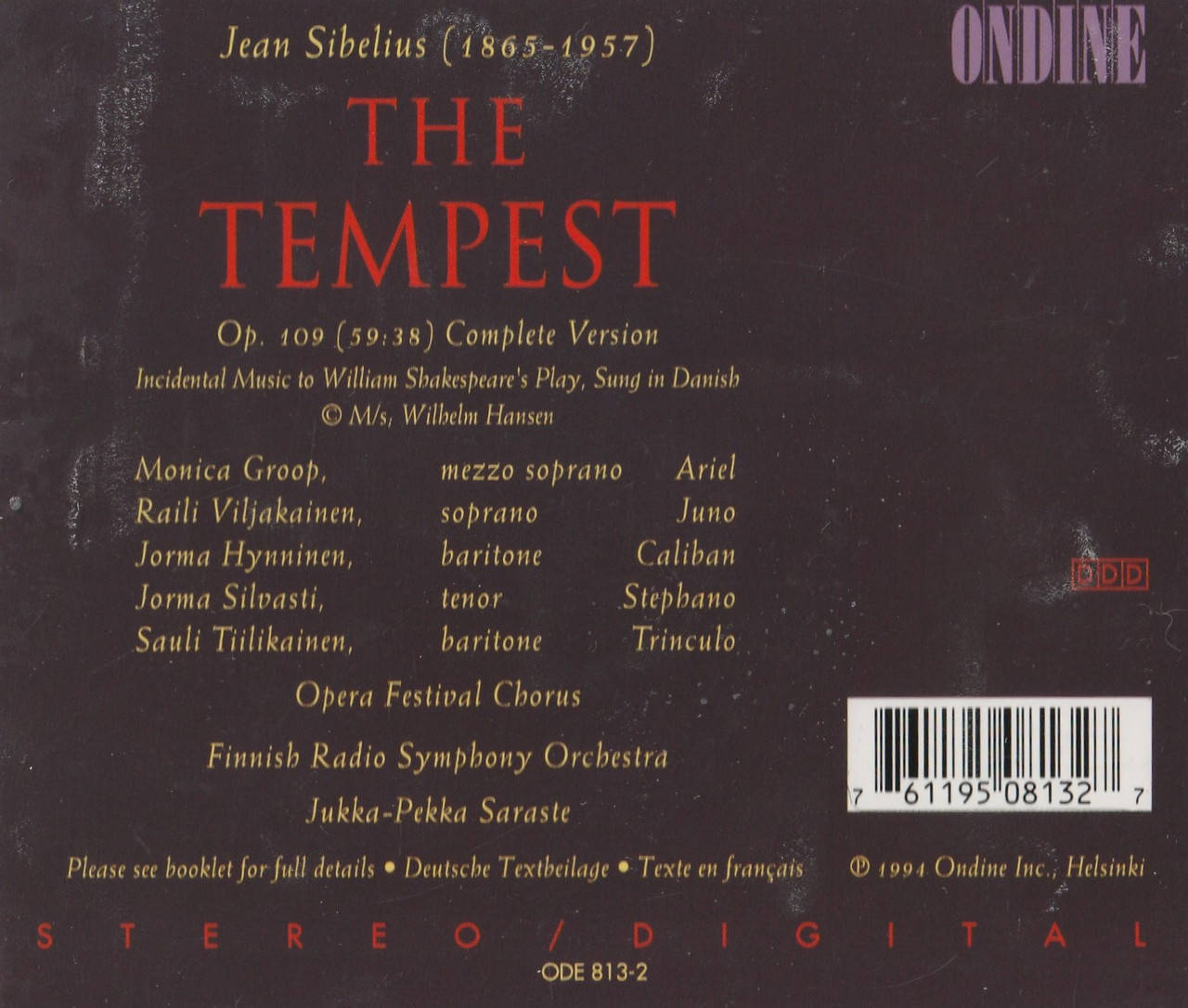 CD back cover of The Tempest by Jean Sibelius from Jukka-Pekka Saraste and the Finnish Radio Symphony Orchestra on Ondine.