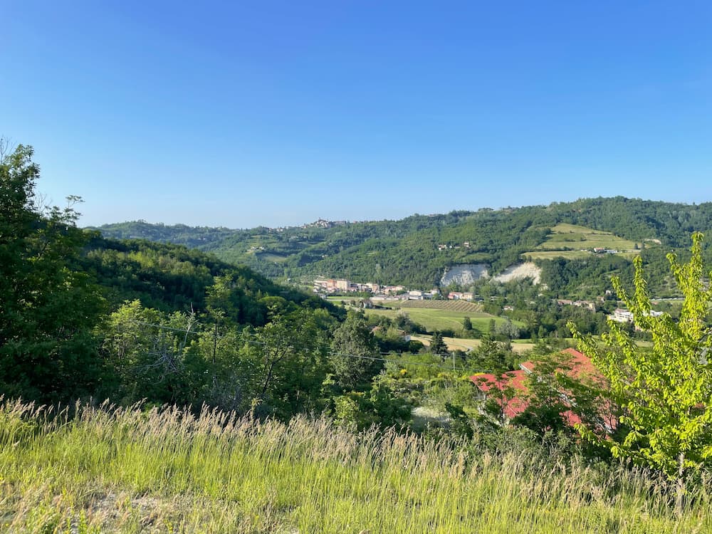 A view of green hills, covered with fields and woods.