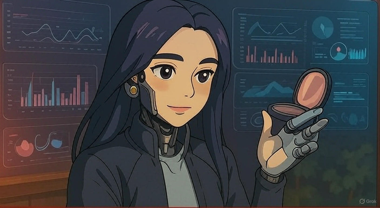Cybernetic woman influencer with makeup compact and AI analytics dashboard