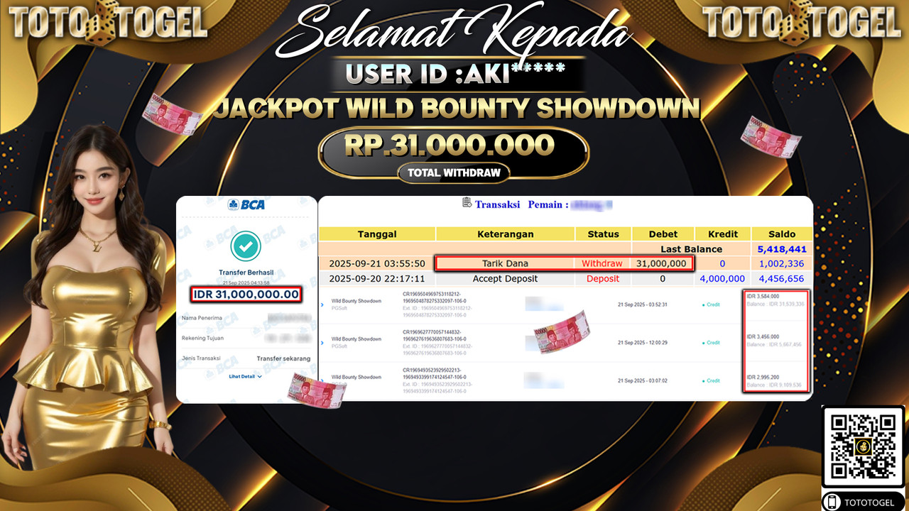 Bukti Pembayaran Jackpot Permainan Slot Wild Bounty ShowDown ID:AKI*** LUNAS