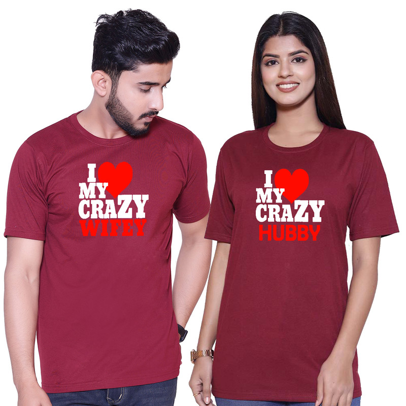 Sniggle I Love My Crazy Wife I Love My Crazy Husband Maroon T-shirt (Pack of 2)