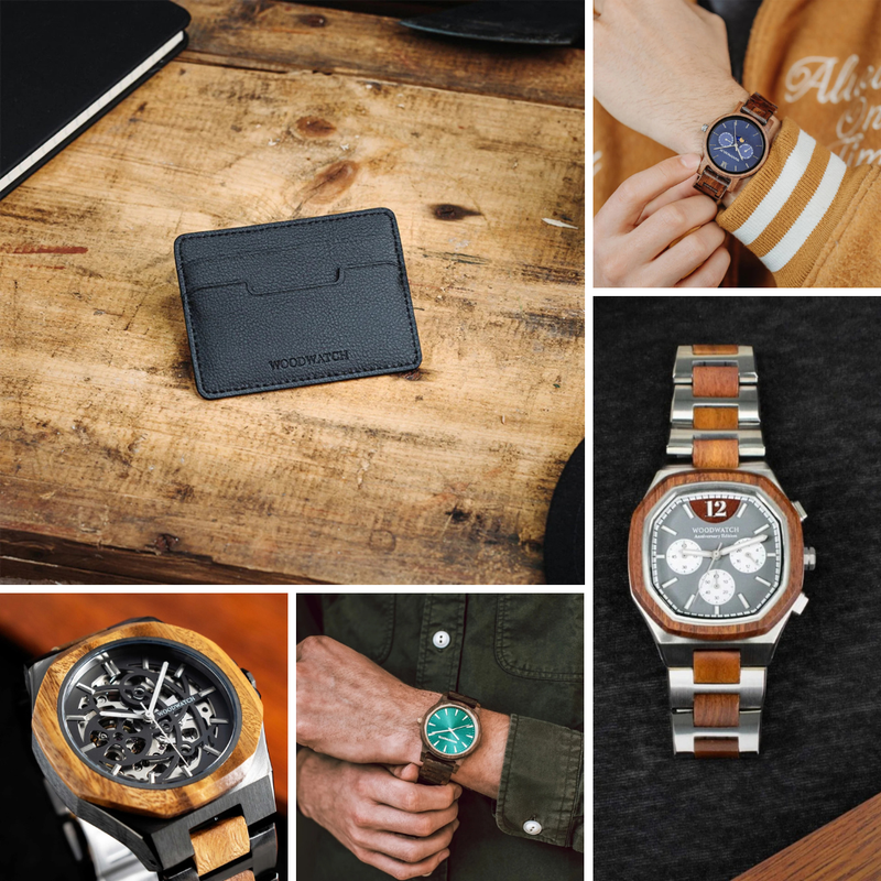 Collage von Just Because Geschenken für ihn von WoodWatch, darunter gravierte Holzuhren, nachhaltige Accessoires, praktische Kartenhalter und zeitlose stilvolle Optionen für Freunde, Ehemänner und männliche Kollegen