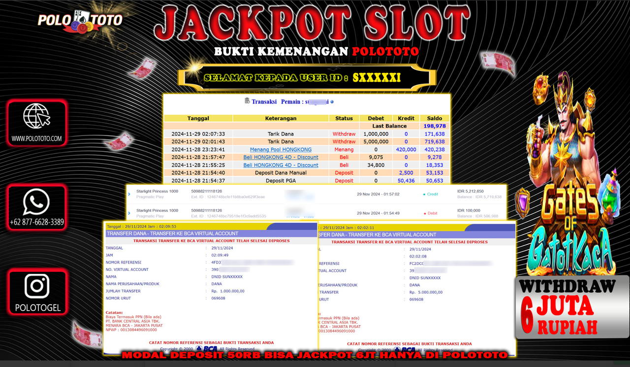 POLOTOTO JACKPOT SLOT GATES OF GATOTKACA Rp.6,000.000,-