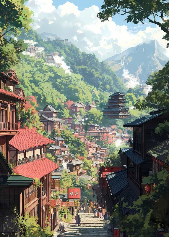 Dessin dans un style d'animé d'un ruelle d'un village japonais traditionnel de jour