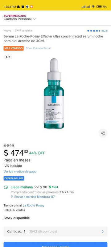 Mercado Libre Serum La Roche-Posay Effaclar ultra concentrated serum noche para piel acneica de 30mL 
