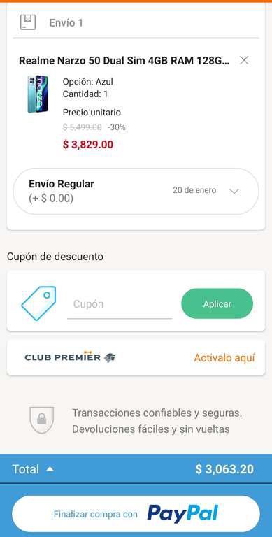 Linio: Celular Realme Narzo 50, precio pagando con PayPal 
